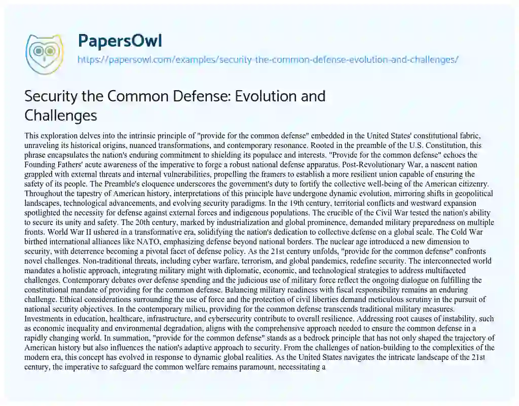 Essay on Security the Common Defense: Evolution and Challenges