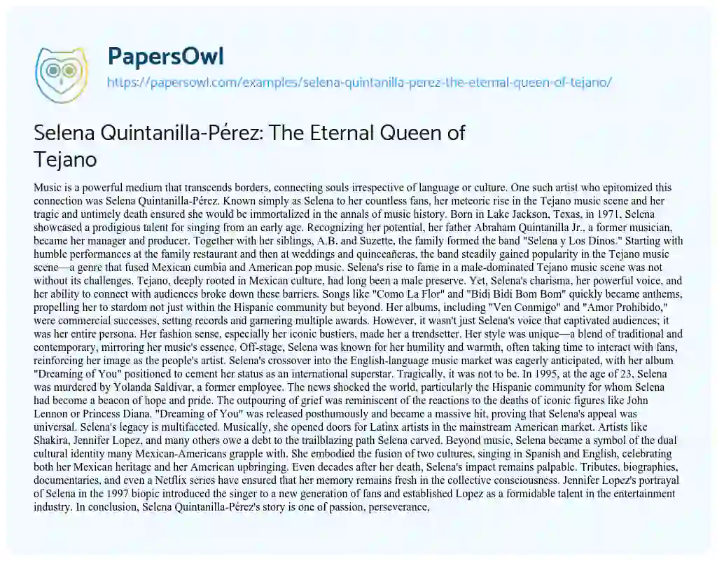 Essay on Selena Quintanilla-Pérez: the Eternal Queen of Tejano