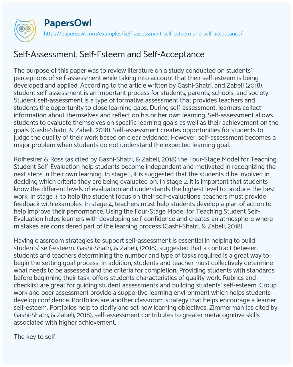 Essay on Self-Assessment, Self-Esteem and Self-Acceptance