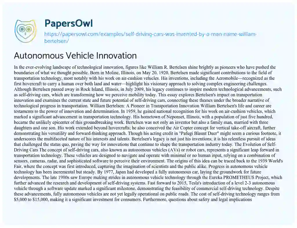 Essay on Self-Driving Cars was Invented by a Man Name William Bertelsen