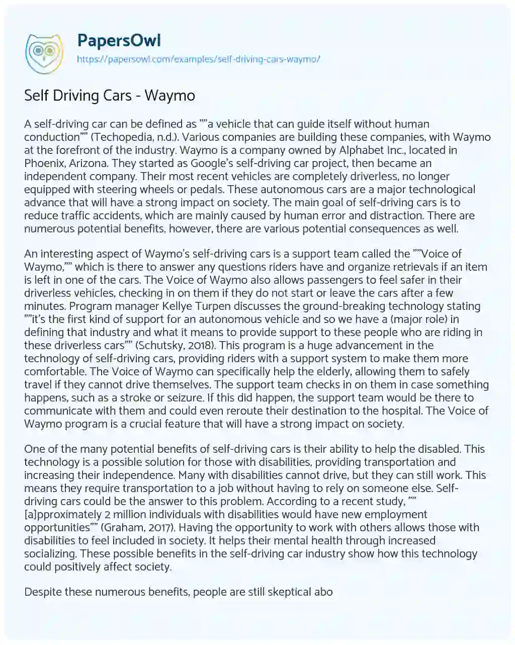 Self Driving Cars – Waymo essay