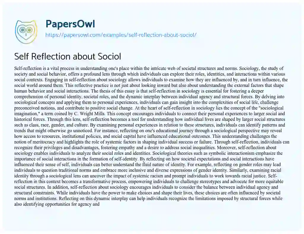 Essay on Self Reflection about Sociol