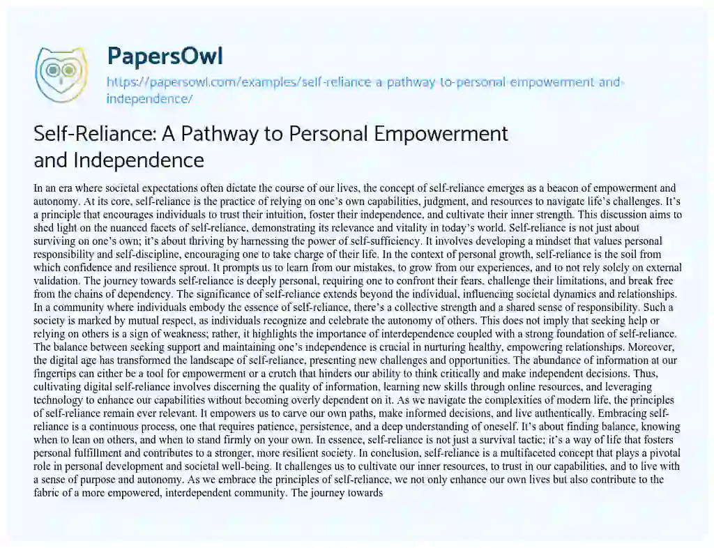 Essay on Self-Reliance: a Pathway to Personal Empowerment and Independence