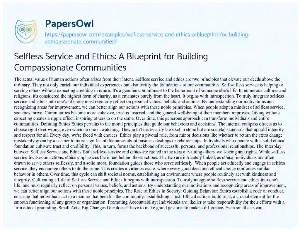 Essay on Selfless Service and Ethics: a Blueprint for Building Compassionate Communities