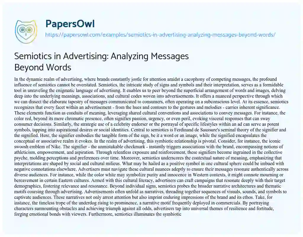 Essay on Semiotics in Advertising: Analyzing Messages Beyond Words