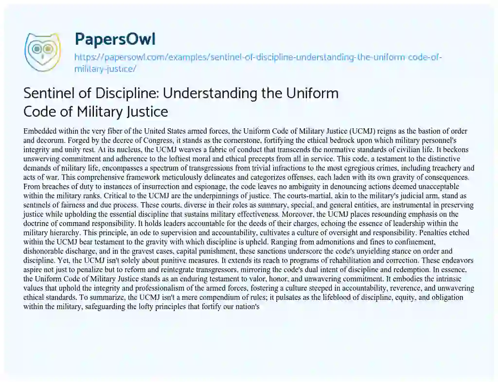Essay on Sentinel of Discipline: Understanding the Uniform Code of Military Justice