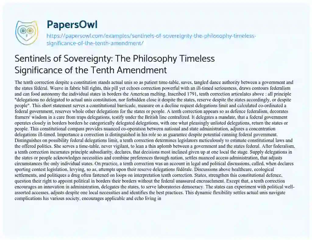 Essay on Sentinels of Sovereignty: the Philosophy Timeless Significance of the Tenth Amendment