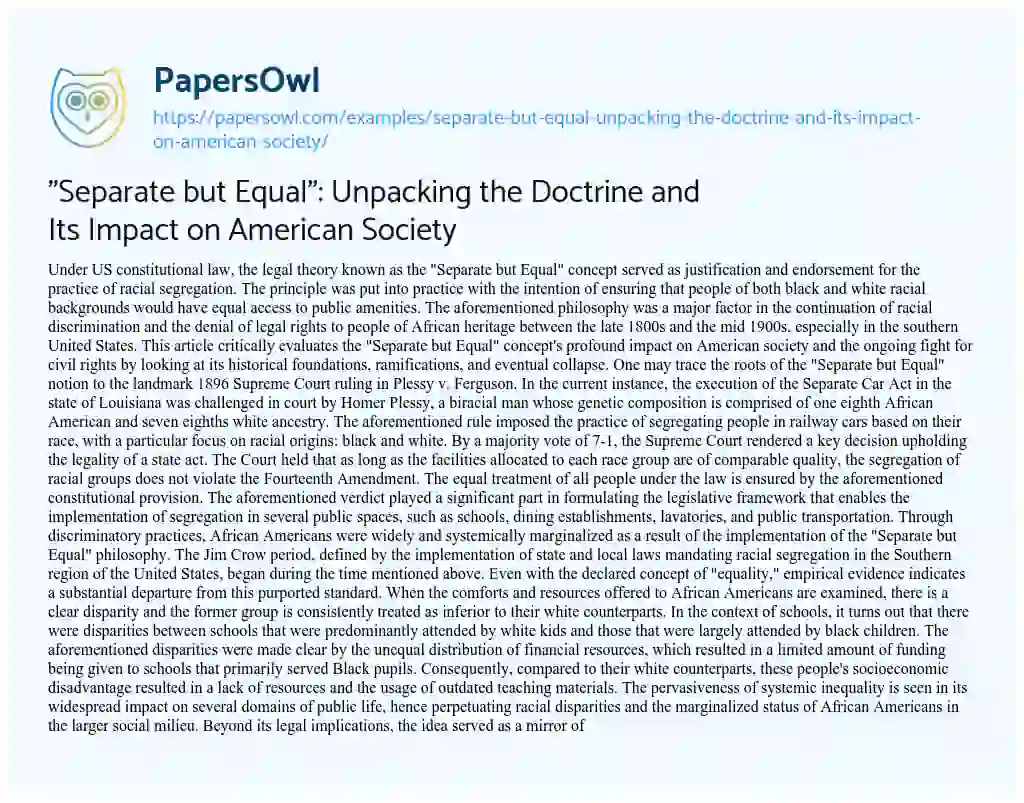 Essay on “Separate but Equal”: Unpacking the Doctrine and its Impact on American Society