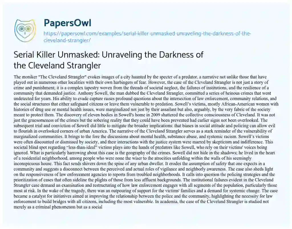 Essay on Serial Killer Unmasked: Unraveling the Darkness of the Cleveland Strangler