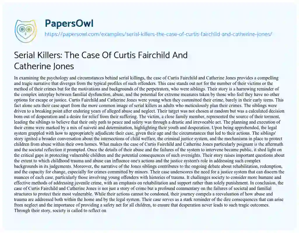 Essay on Serial Killers: the Case of Curtis Fairchild and Catherine Jones