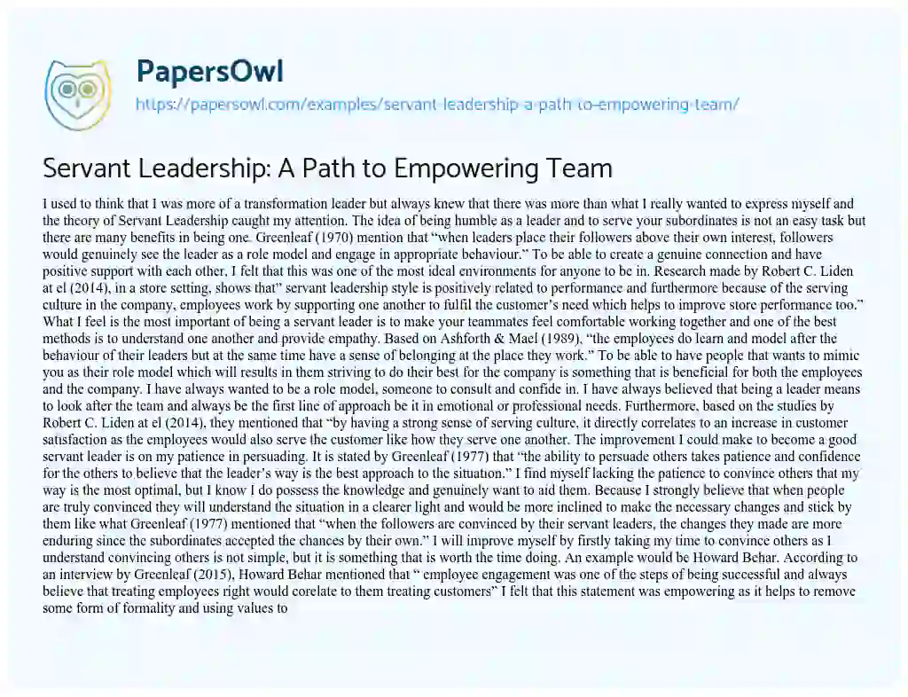 Essay on Servant Leadership: a Path to Empowering Team