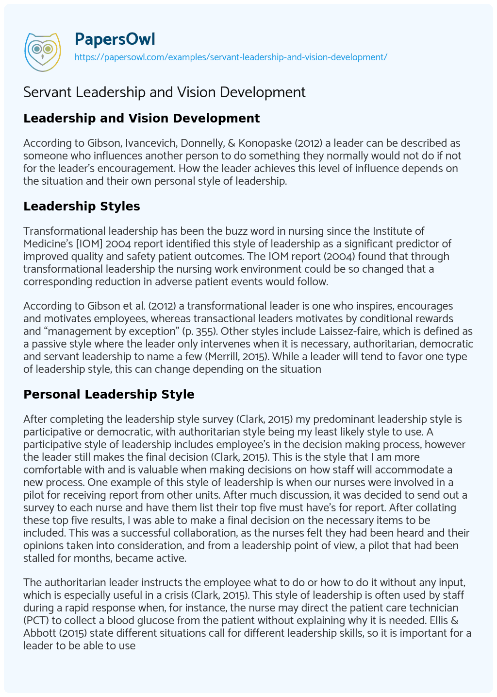 Essay on Servant Leadership and Vision Development