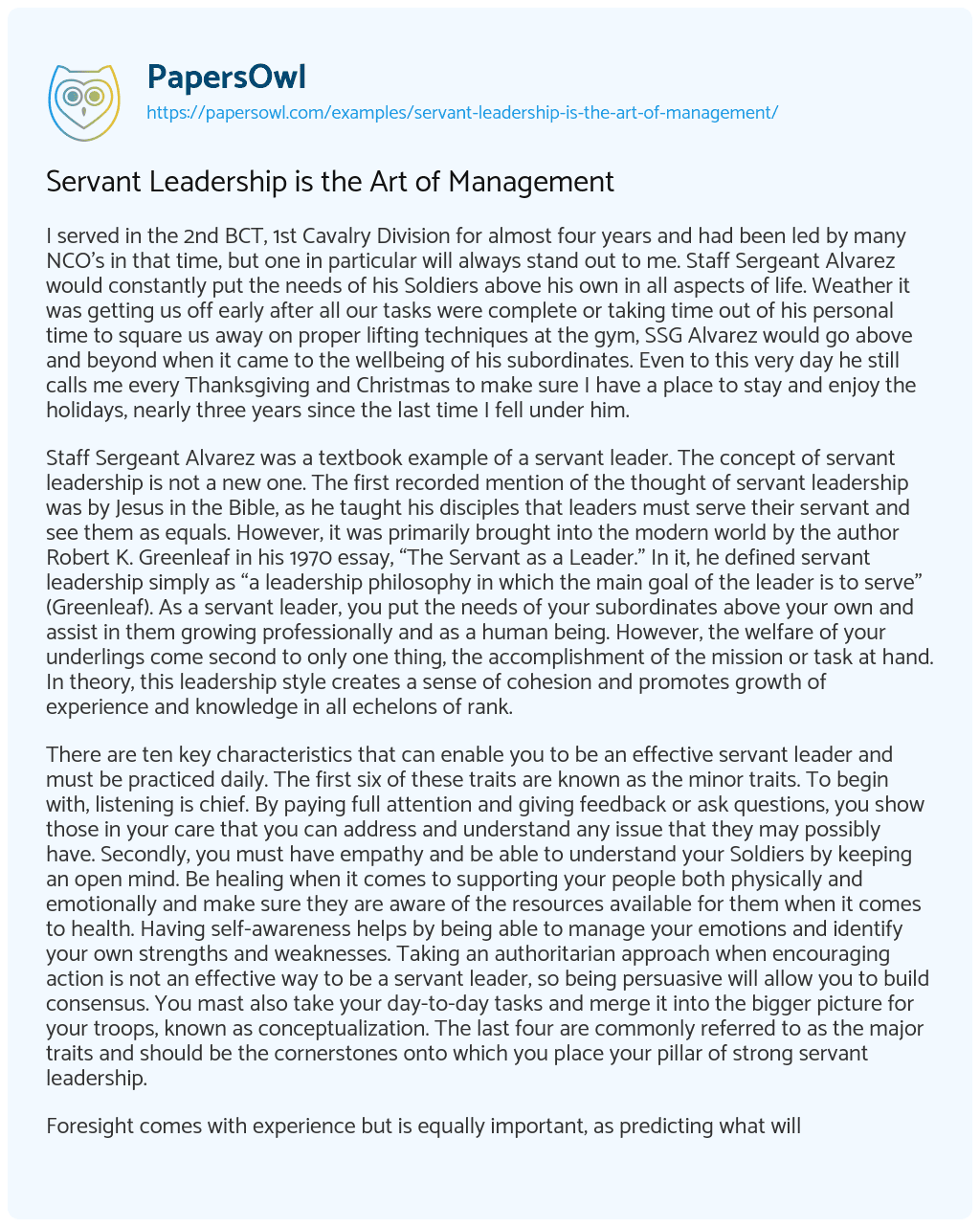 Essay on Servant Leadership is the Art of Management