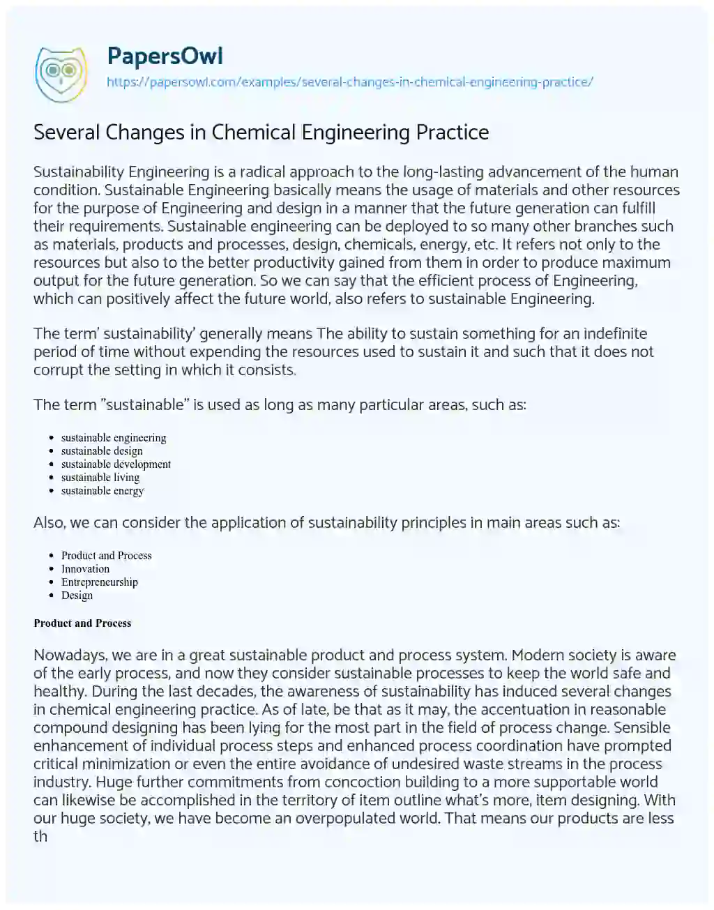 Essay on Several Changes in Chemical Engineering Practice