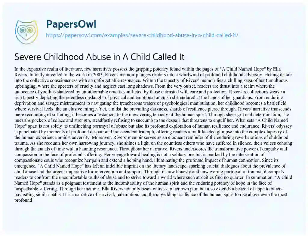 Essay on Severe Childhood Abuse in a Child Called it