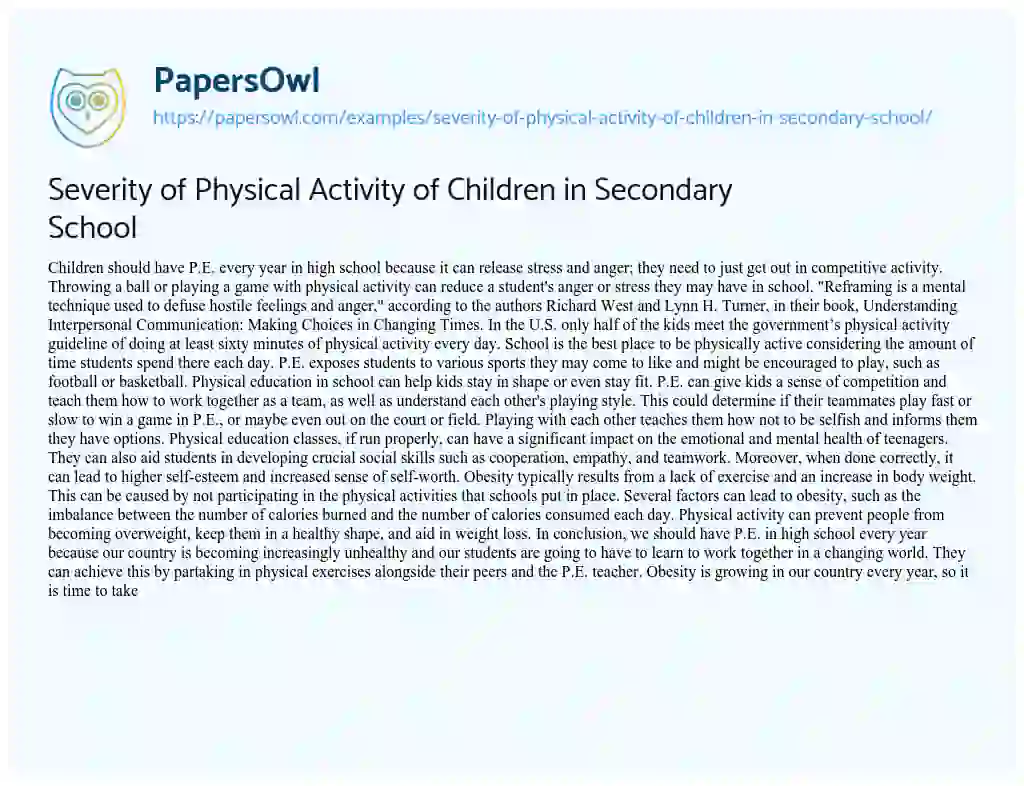 Essay on Severity of Physical Activity of Children in Secondary School