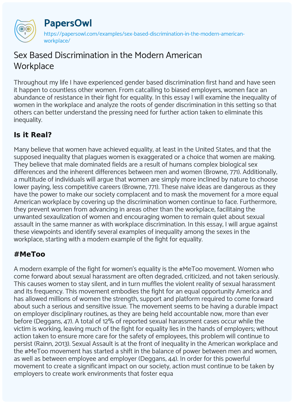 Essay on Sex Based Discrimination in the Modern American Workplace