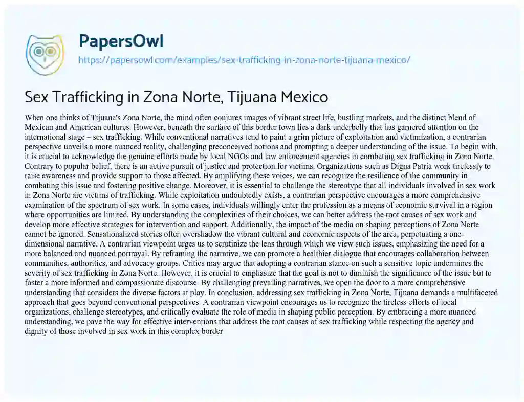 Essay on Sex Trafficking in Zona Norte, Tijuana Mexico