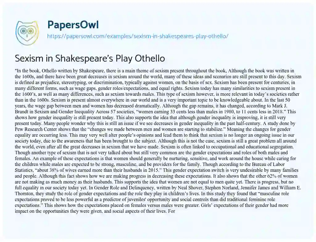 Essay on Sexism in Shakespeare’s Play Othello