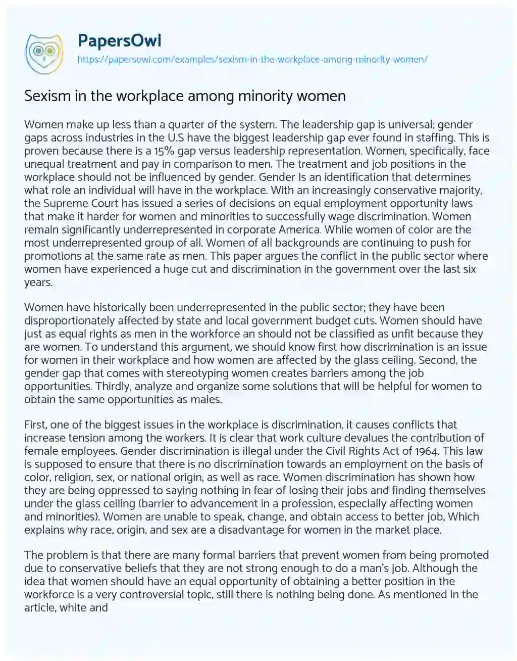 Essay on Sexism in the Workplace Among Minority Women