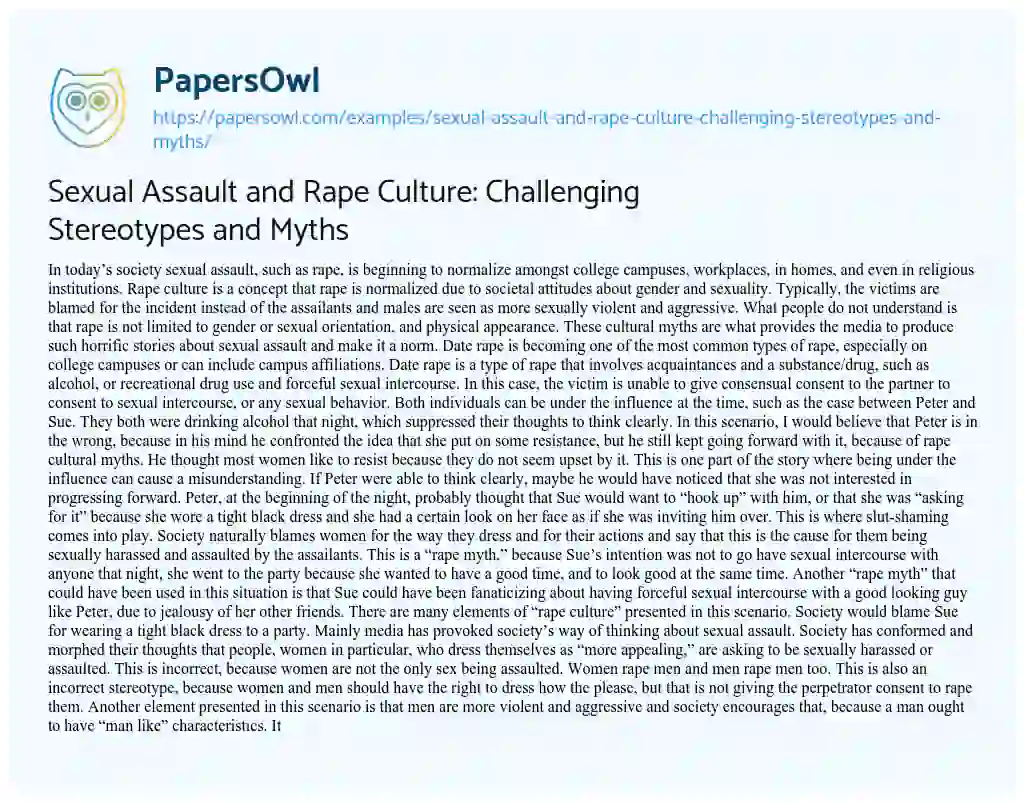 Essay on Sexual Assault and Rape Culture: Challenging Stereotypes and Myths