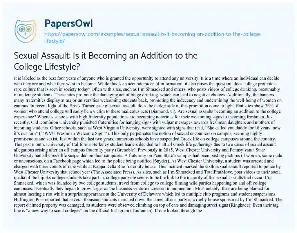 Essay on Sexual Assault: is it Becoming an Addition to the College Lifestyle?