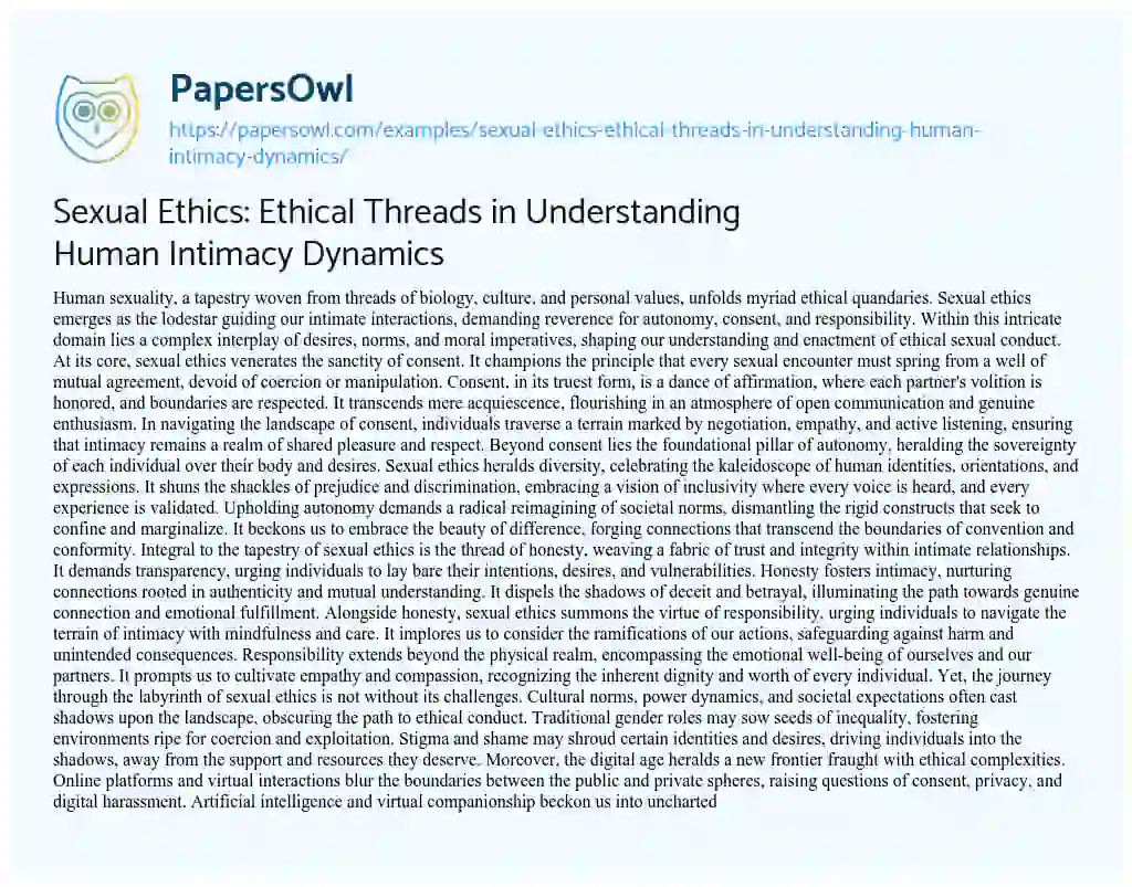 Essay on Sexual Ethics: Ethical Threads in Understanding Human Intimacy Dynamics