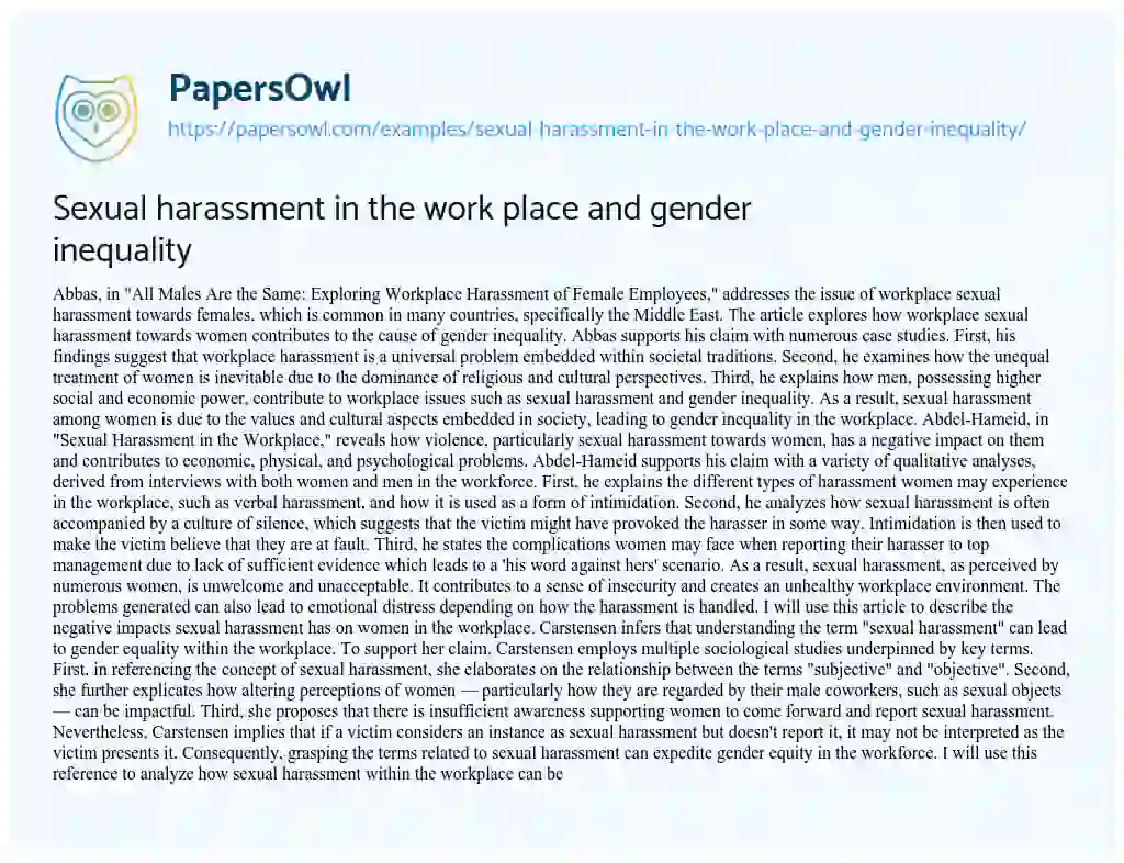 Sexual Harassment in the Work Place and Gender Inequality essay