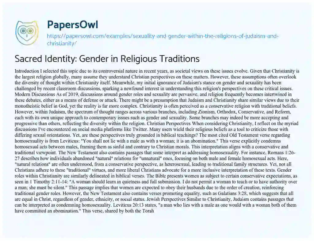 Essay on Sexuality and Gender Within the Religions of Judaism and Christianity