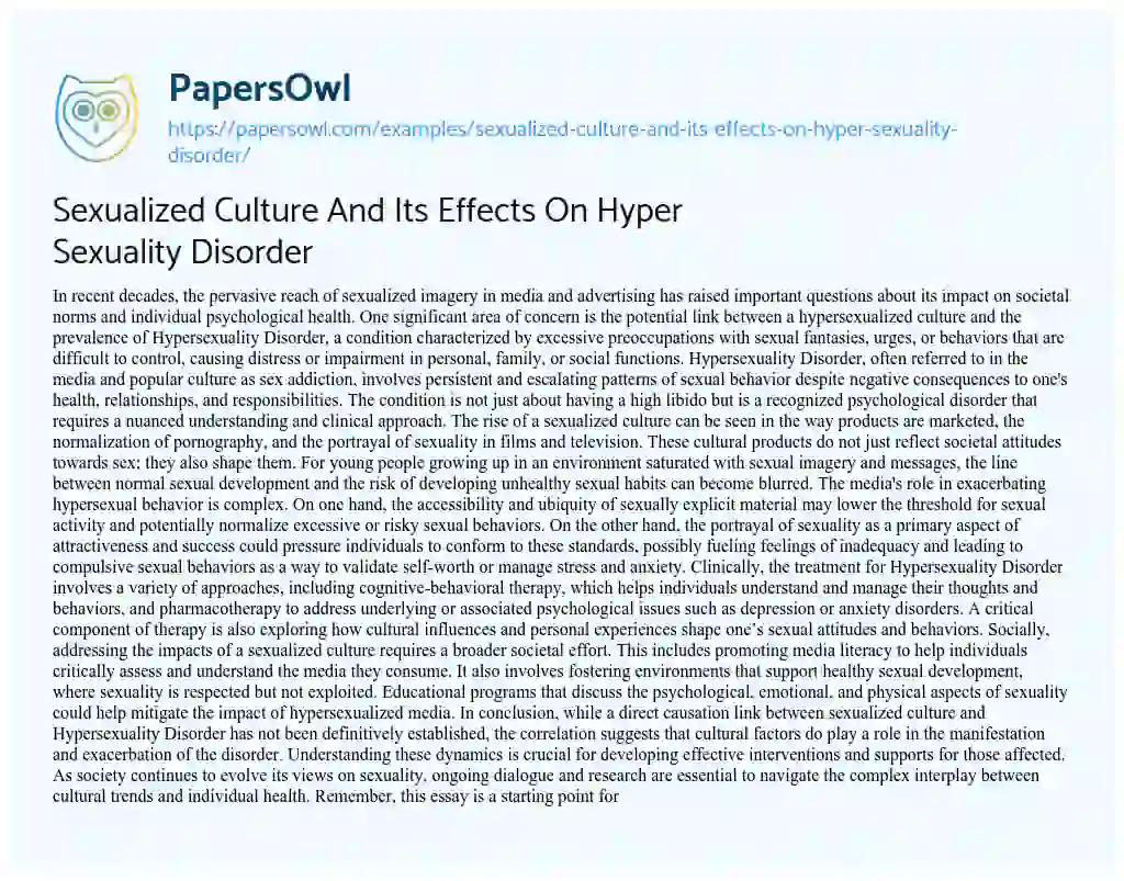 Essay on Sexualized Culture and its Effects on Hyper Sexuality Disorder