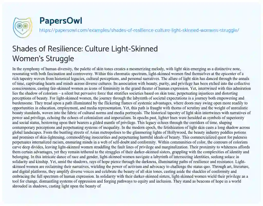 Essay on Shades of Resilience: Culture Light-Skinned Women’s Struggle
