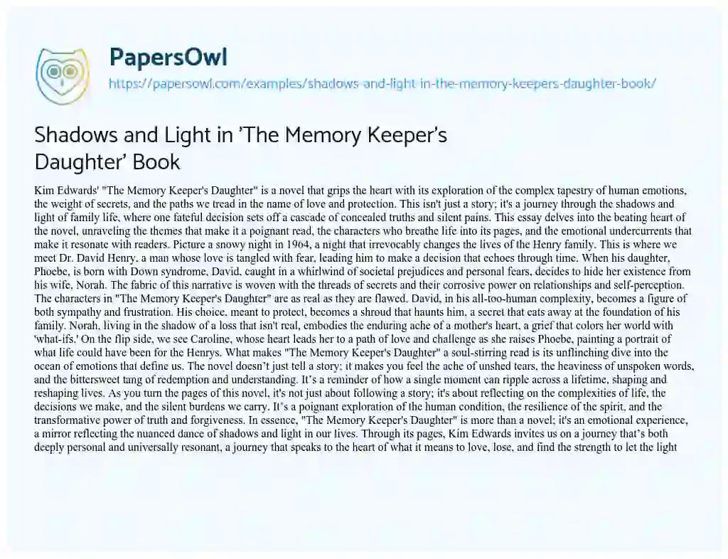 Essay on Shadows and Light in ‘The Memory Keeper’s Daughter’ Book
