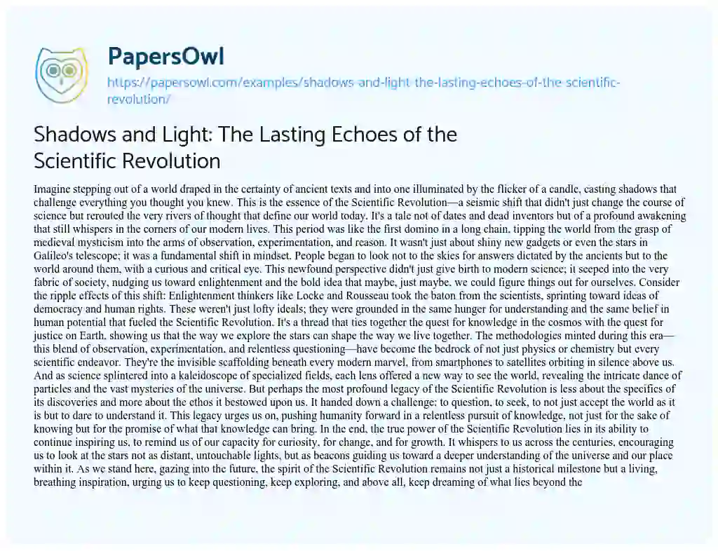 Essay on Shadows and Light: the Lasting Echoes of the Scientific Revolution