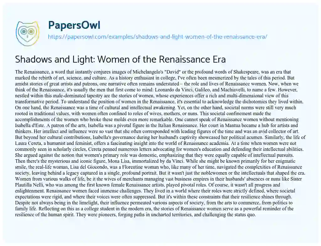 Essay on Shadows and Light: Women of the Renaissance Era