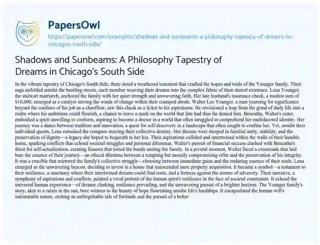 Essay on Shadows and Sunbeams: a Philosophy Tapestry of Dreams in Chicago’s South Side