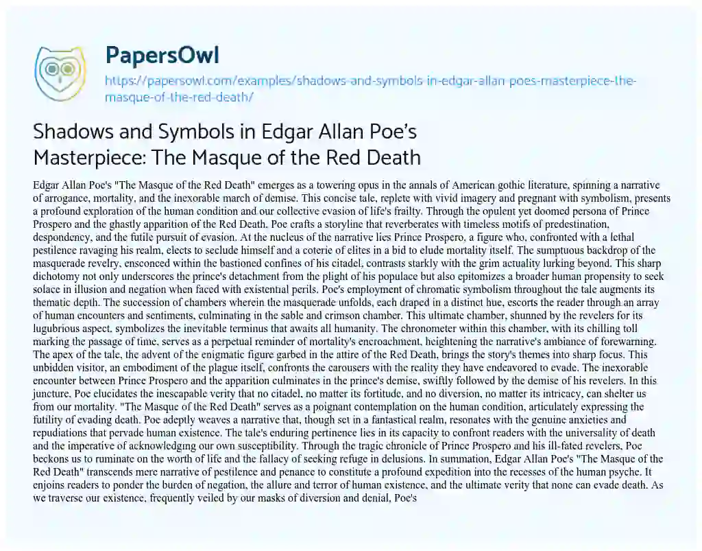 Essay on Shadows and Symbols in Edgar Allan Poe’s Masterpiece: the Masque of the Red Death