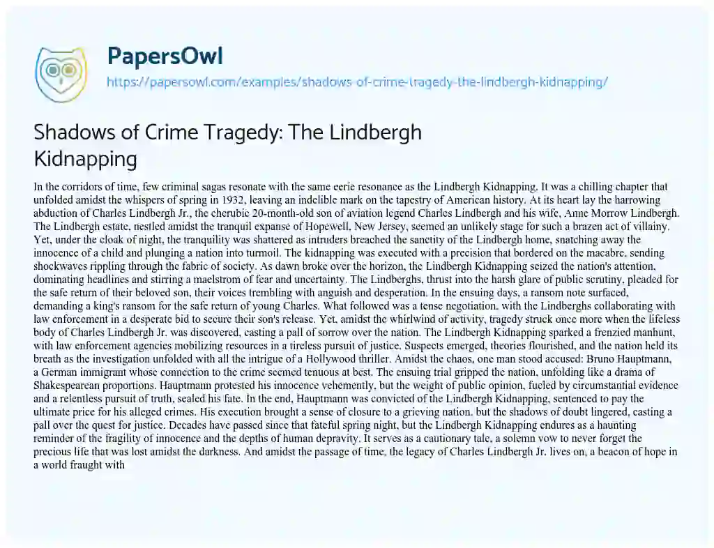 Essay on Shadows of Crime Tragedy: the Lindbergh Kidnapping