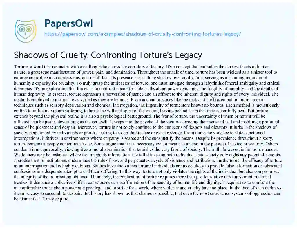 Essay on Shadows of Cruelty: Confronting Torture’s Legacy
