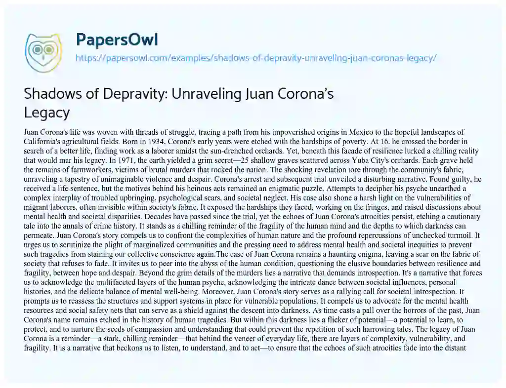 Essay on Shadows of Depravity: Unraveling Juan Corona’s Legacy
