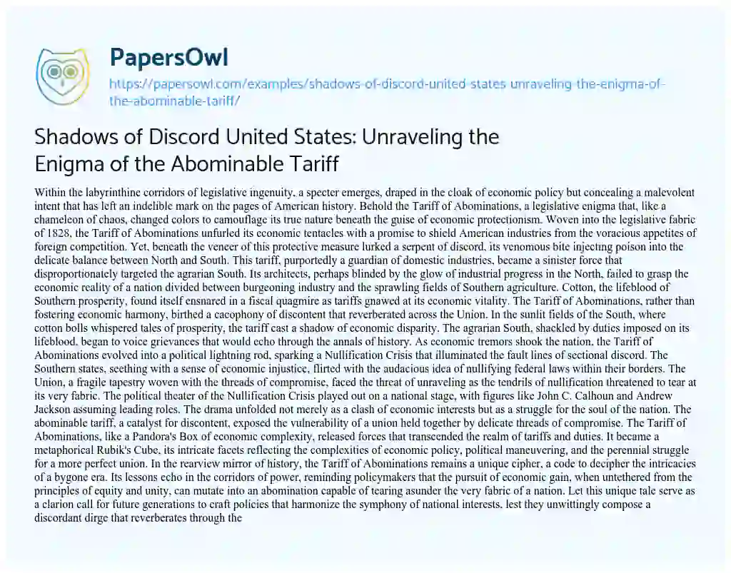 Essay on Shadows of Discord United States: Unraveling the Enigma of the Abominable Tariff