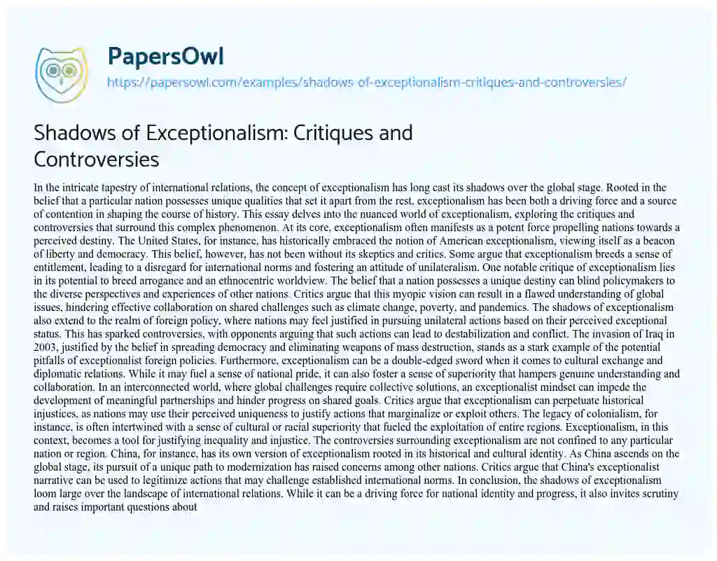 Essay on Shadows of Exceptionalism: Critiques and Controversies