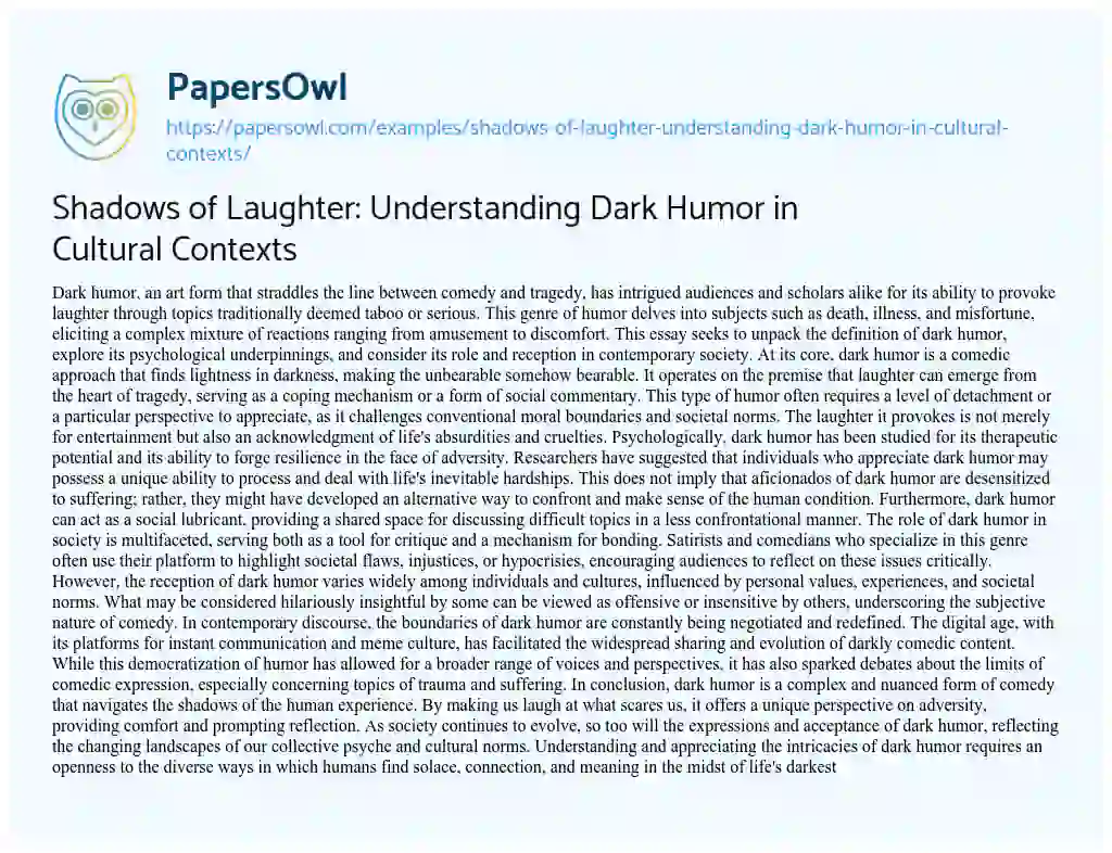 Essay on Shadows of Laughter: Understanding Dark Humor in Cultural Contexts