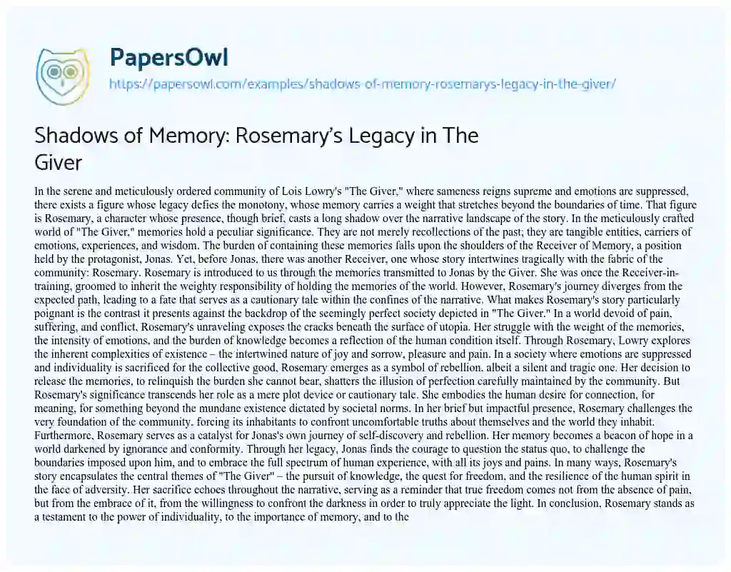 Essay on Shadows of Memory: Rosemary’s Legacy in the Giver