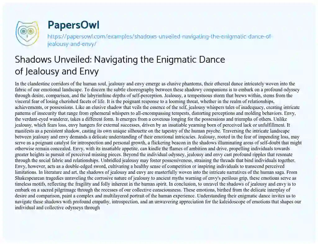 Essay on Shadows Unveiled: Navigating the Enigmatic Dance of Jealousy and Envy