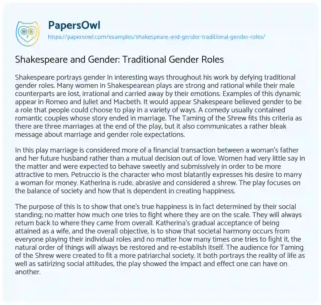 Essay on Shakespeare and Gender: Traditional Gender Roles