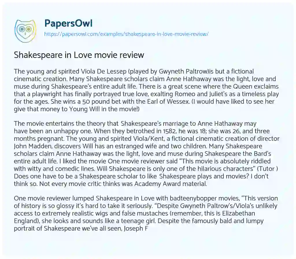 Essay on Shakespeare in Love Movie Review