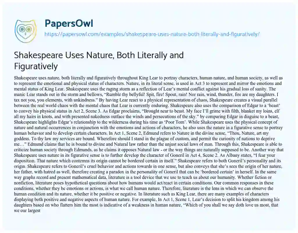 Shakespeare Uses Nature, Both Literally and Figuratively - Free Essay ...