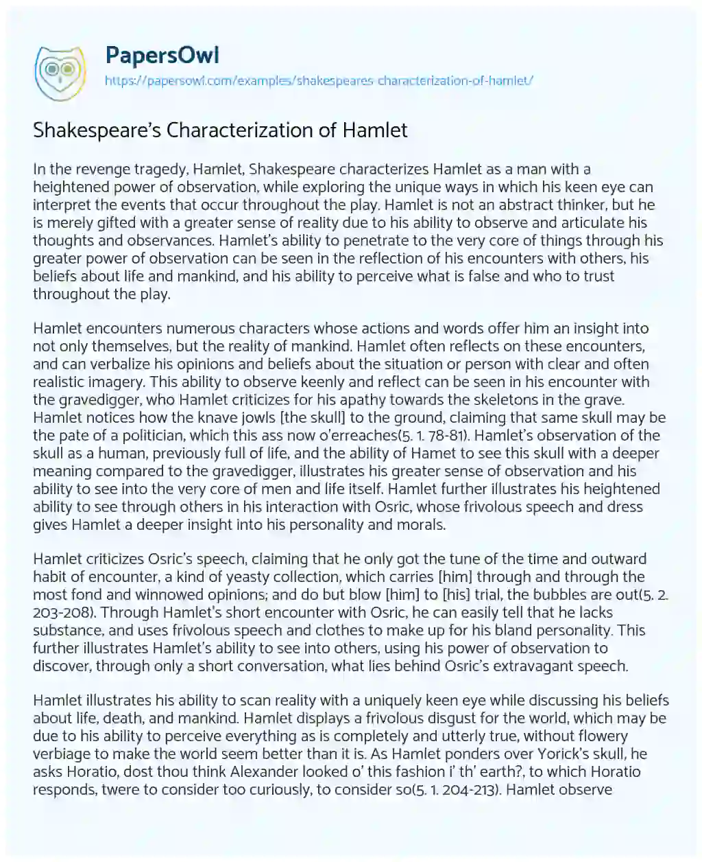 Essay on Shakespeare’s Characterization of Hamlet