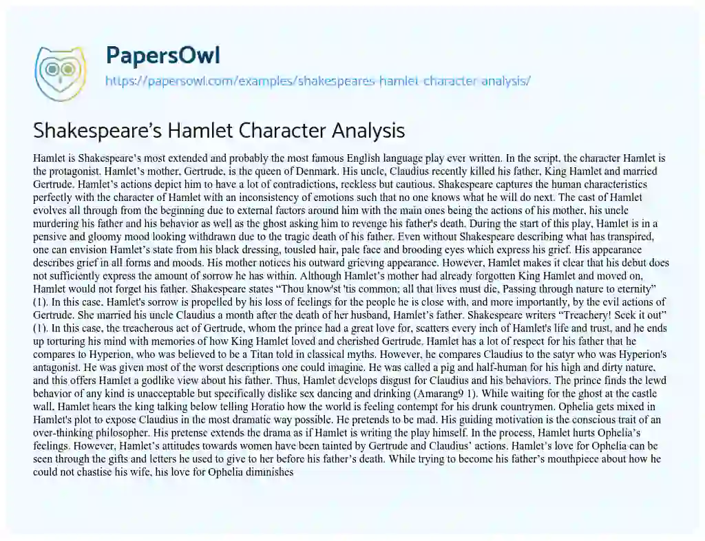 Essay on Shakespeare’s Hamlet Character Analysis
