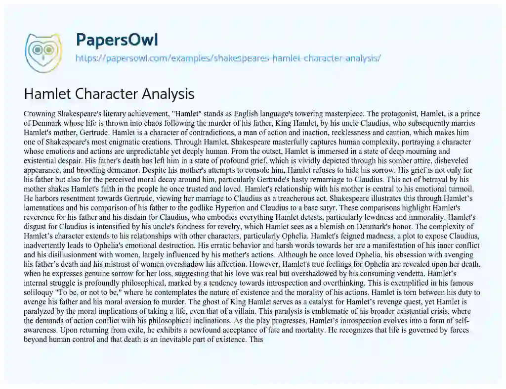 Shakespeares Hamlet Character Analysis  Free Essay Example  1145 Words   PapersOwlcom